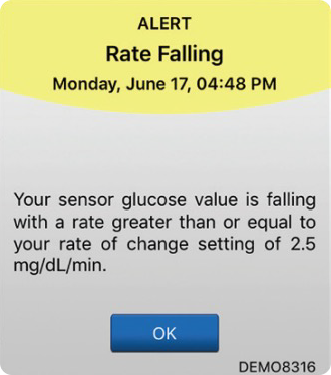 Alert message displays "Rate Falling" with details about glucose decrease rate and an OK button